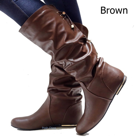 New Brown Slouchy Mid Calf Flat Heel Riding Boots - Picture 1 of 5
